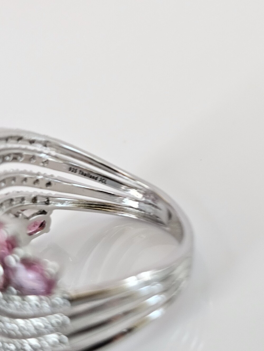 Genuine Pink Tourmaline & White Zircon Ring Sterling Silver Rhodium Overlay Sz 7 - Picture 5 of 6